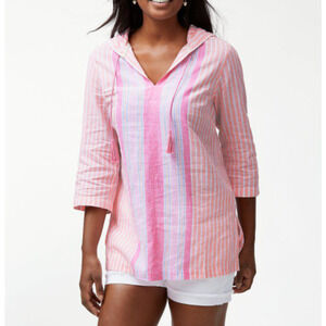 Tommy Bahama Womens Striped Hooded Shirt Tunic Blouse Top NEW XS